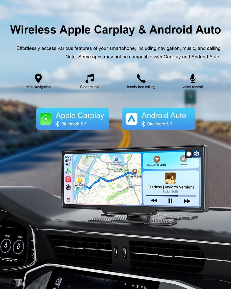 25HOURS HK5 Carplay Screen for Car, 10.26’’ HD Wireless Apple Carplay & Android Auto Touchscreen with Backup Camera, Car Play Screen iOS 26 Compatible, GPS Navigation/Mirror Link/Siri/FM (No Front Camera) - Image 2